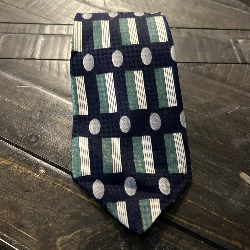 Geoffrey Beene Tie Men's Necktie Silk Navy Blue Green Gray Made in Italy